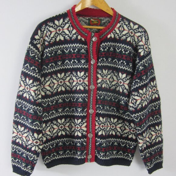 Vtg Alps Womens L Red Green Navy White Wool Nordic Cardigan Sweater Holiday Ski - Picture 2 of 14
